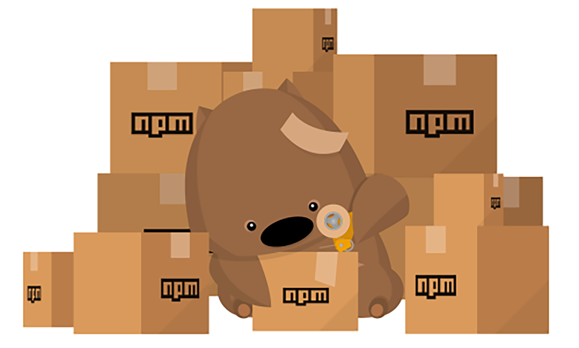 Urso revirando caixas com a logo do NPM